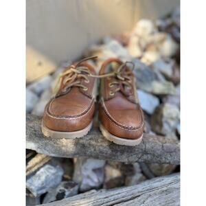 Timberland Boat Shoes Mens‎ 8 M Brown Leather/Tan Canvas Loafer EUC